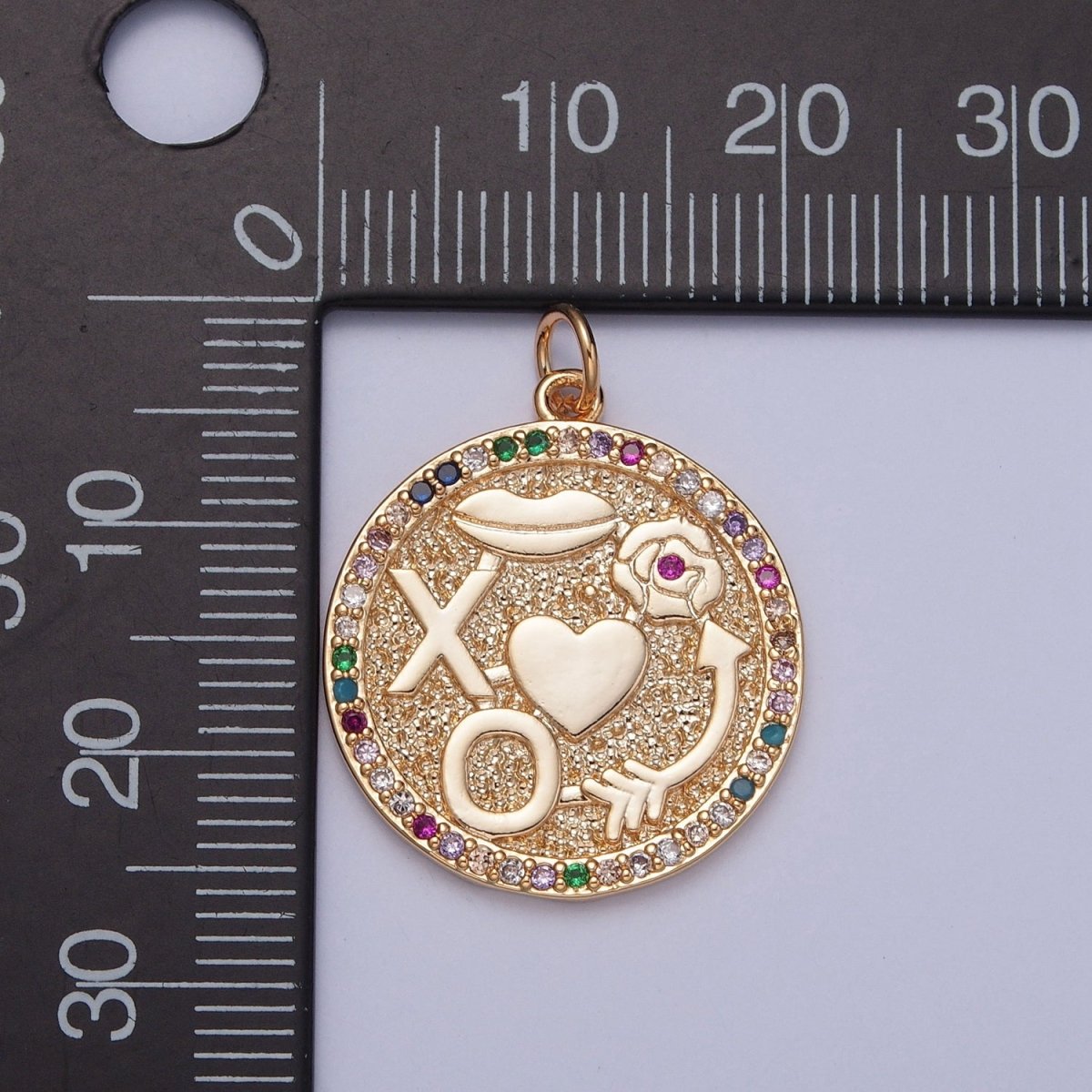 XO Kisses Love Roses Arrow Micro Paved Multicolor CZ Gold Round Medallion Charm | X-248