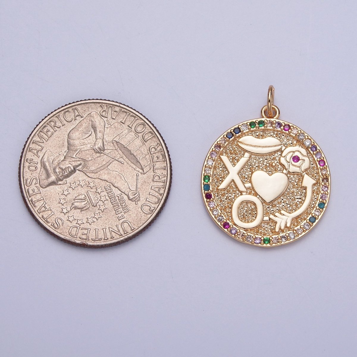 XO Kisses Love Roses Arrow Micro Paved Multicolor CZ Gold Round Medallion Charm | X-248
