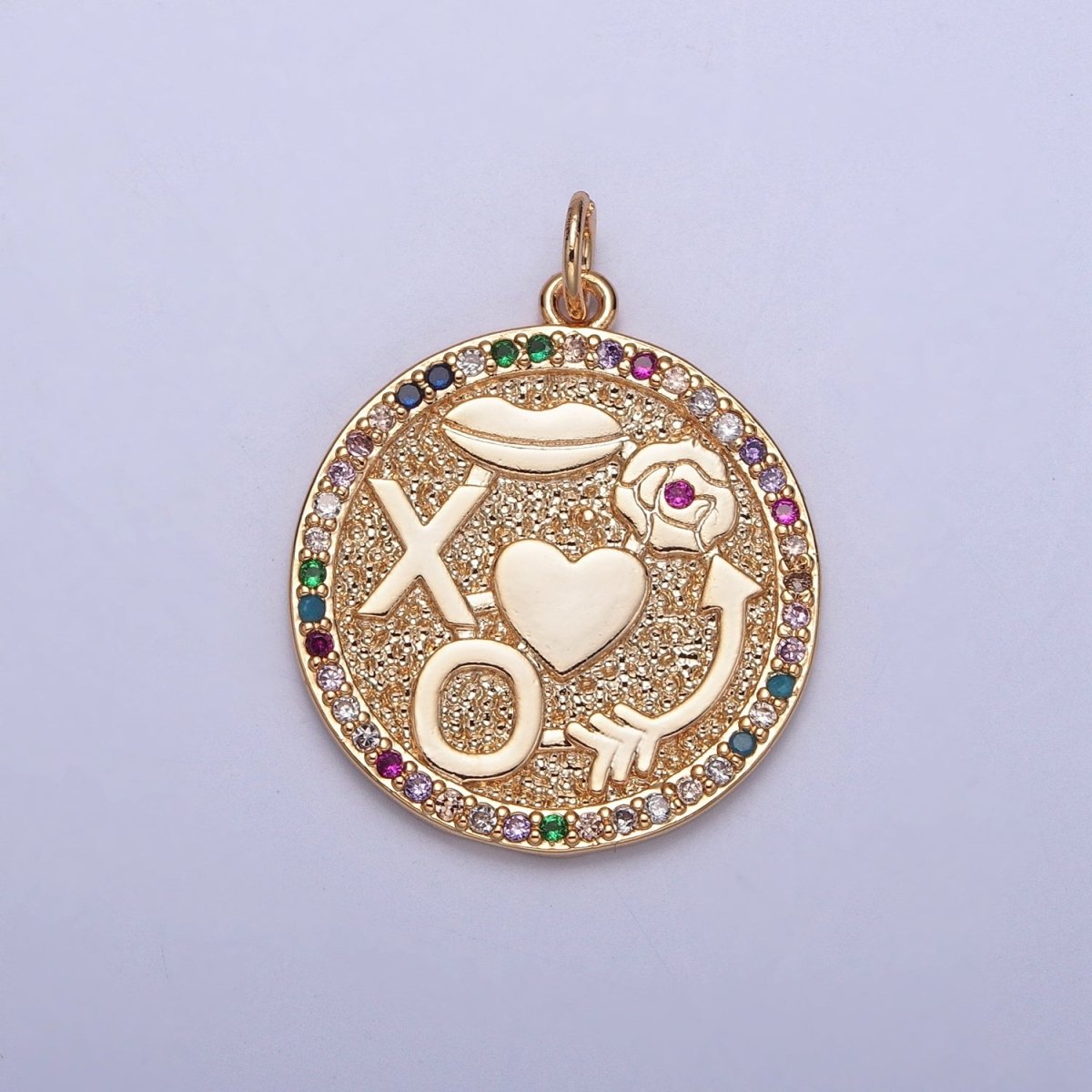 XO Kisses Love Roses Arrow Micro Paved Multicolor CZ Gold Round Medallion Charm | X-248